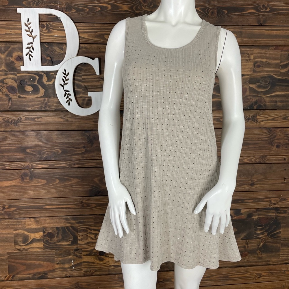 Liza Byrd | Sleeveless Tan‎ Beige Ribbed Knit Swing Dress Rhinestone Bedazzled